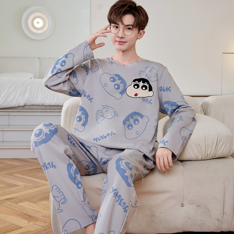Men's Autumn Long-Sleeve Long-Pants Pajamas, Plus-Size for Teenagers, Suitable for Middle School Students, Spring and Autumn Homewear Set