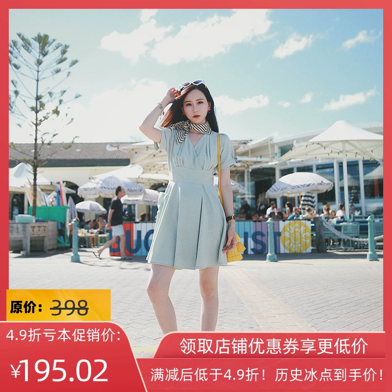 Chen Xiaoying CV gầy, lưng cao, phụ nữ nhẹ nhàng, váy ngắn tay màu xanh lá cây, đặc biệt dành cho nữ mùa hè, không hoàn lại, không đổi - Váy eo cao