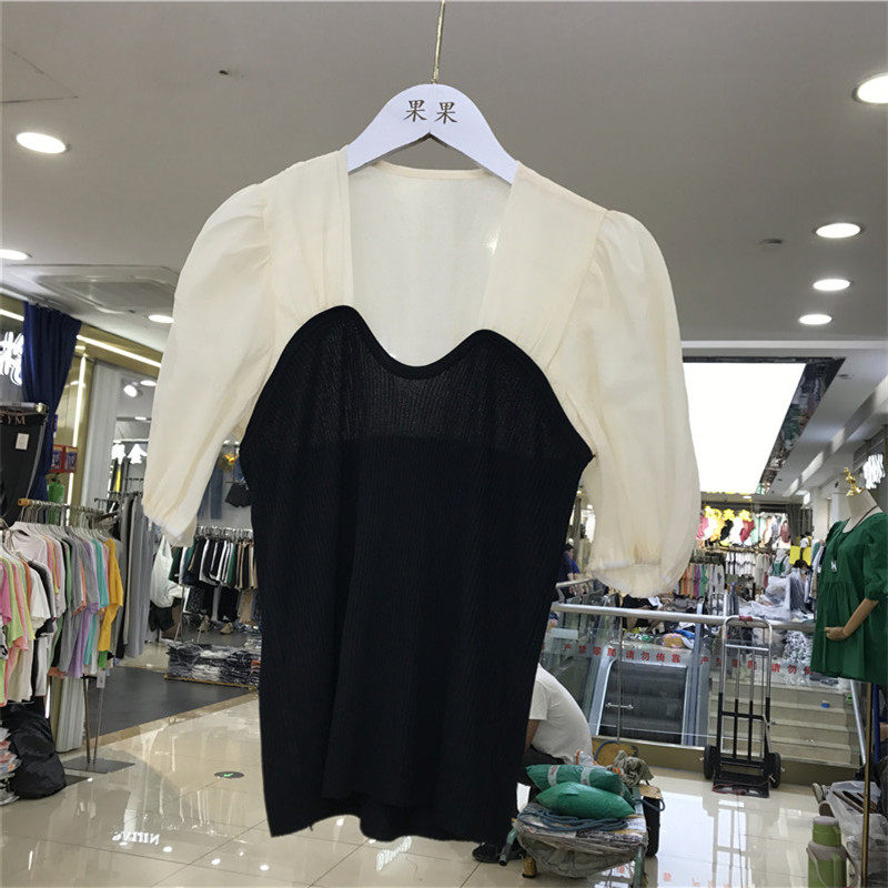 Woman Taste Sweatshirt Sexy Snowspun Splicing Knit Summer Dress 2022 Temperamental Square Collar Collarbone Repair With Blister Sleeves Blouse