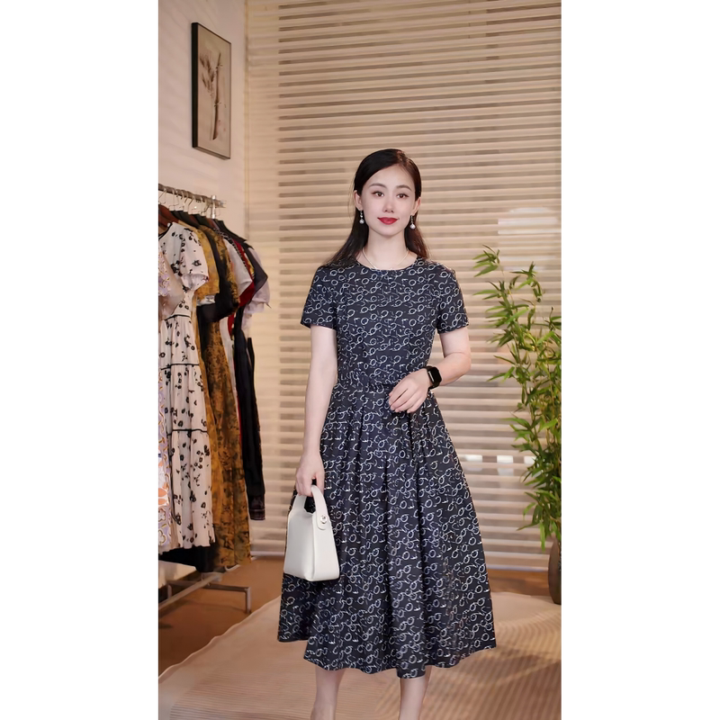 Navy Dark Blue Floral Versatile Slimming Look Fashionable Women's Dress Mid-Length 10301