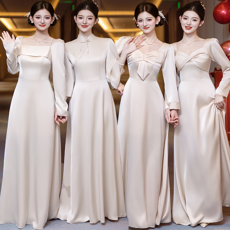 Champagne-Colored Long-Sleeved Bridesmaid Dress, Autumn and Winter 2026 New Style, Sister Group Evening Dress, Women's High-End Niche Design, Can Be Worn Casually