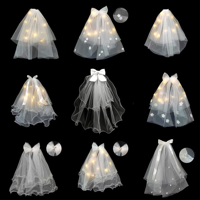 Head yarn Neckline Registration Photo Props Bride main wedding dress Wedding Briefs about butterfly knot headwear Children's light yarn Hair Dressing-Taobao