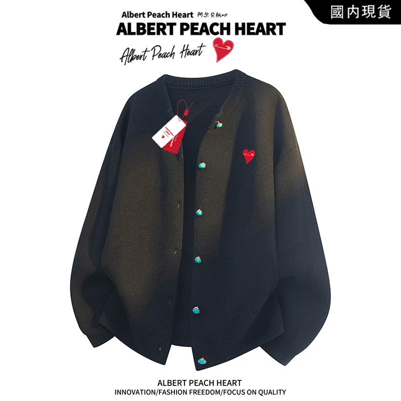 Albe Peach Heart Knitted Cardigan Sweater for Men 2026 New Autumn and Winter Lazy Style Loose Casual Couple Jacket
