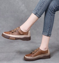 Genuine leather retro single shoe woman 2022 new soft bottom pure leather casual shoes flat bottom 100 lap all season working shoes soft cow leather