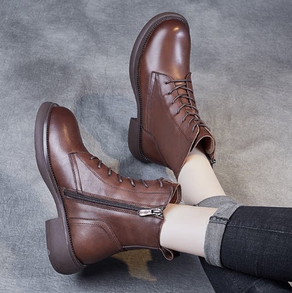 Leather Martin boots female British style ins new non-slip wear-resistant thick-bottomed foot small all-match medium-heeled soft-soled short boots