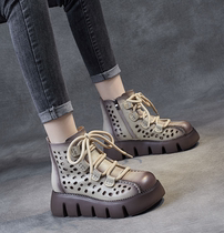 Hollowed-out genuine leather muffin boots female summer new retro casual short boot headlayer cow leather thick underhole Martin boots
