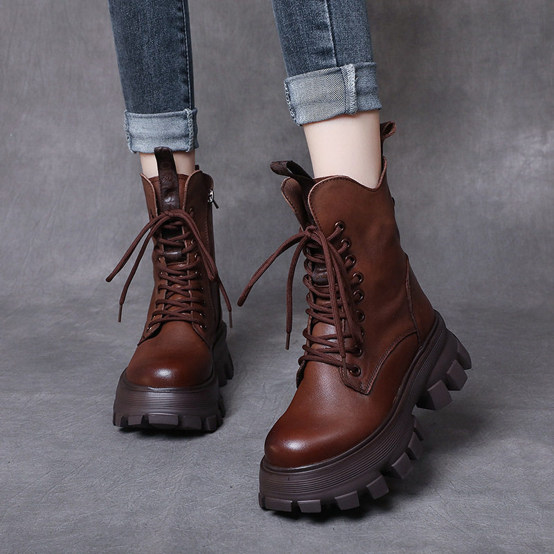 Leather sponge cake foam thick-soled Martin boots women's 2022 new autumn and winter British style heightened motorcycle boots mid-tube short boots