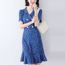 Sandro Beytagh2021 new floral lapel mid-length temperament tea break skirt waist thin dress