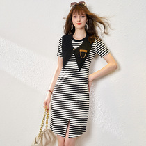 SandroBeytagh2021 summer new French striped mid-length dress womens short-sleeved split a-line skirt
