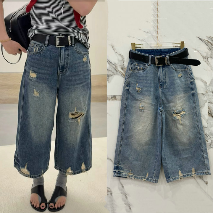 European Style D058 Spring/Summer Ripped Washed Denim Pants for Women, High-Waisted, Loose, Slimming, Fashionable, Versatile, Cropped Wide-Leg Pants