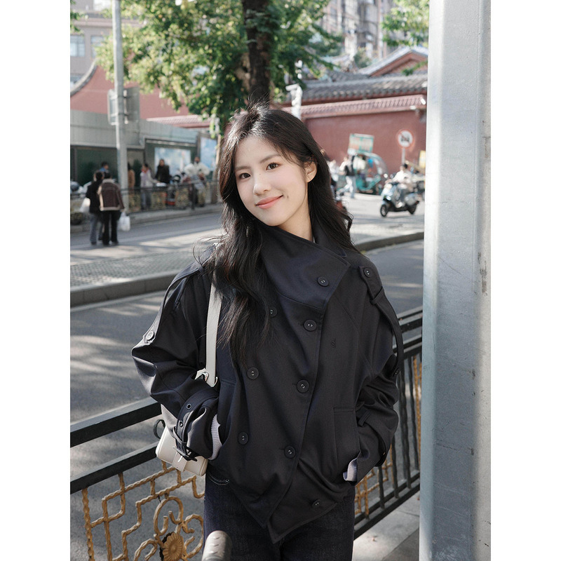 Black Stand-Collar Short Trench Coat for Women, Petite Size, 2026 Spring and Autumn New Style, Very Stylish Korean-Style Jacket