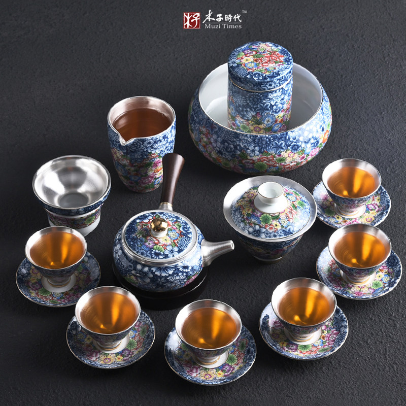 Jingdezhen enamel silver tea set with gilded silver side to pot cover bowl ceramic kung fu tea set household