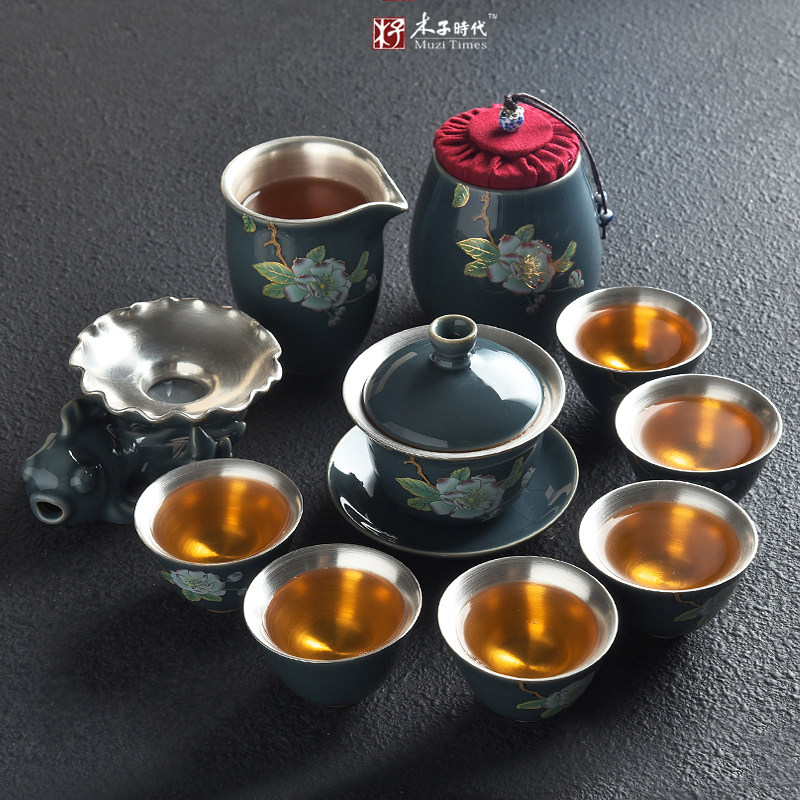 Gokiln Cover Bowl Ceramic Teapot 999 Pure Silver Kung Fu Tea Furniture Set Group Home Fair Cup Ceramic Tea Cup Sub Gift Box