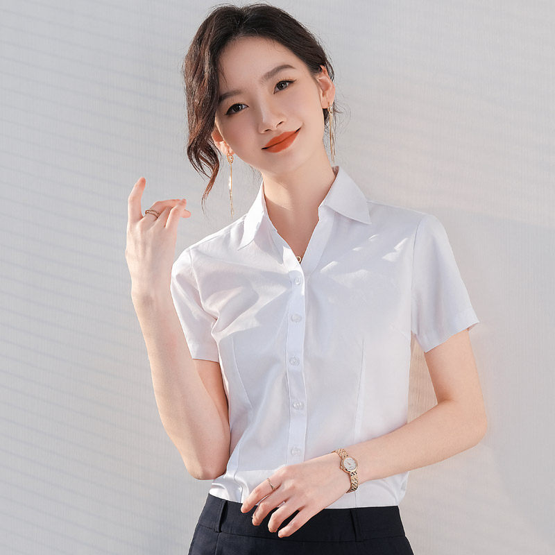 White Shirt Woman Short Sleeve Career Positive Dress Workwear 2022 Summer New Temperament Tooling Half Sleeve V Collar Shirt Inch