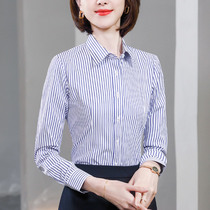 Blue White Vertical Striped Career Shirt Woman Long Sleeve Workwear Suit Spring Autumn Tooling Free of Hot Business Positive Dress Shirt Inch