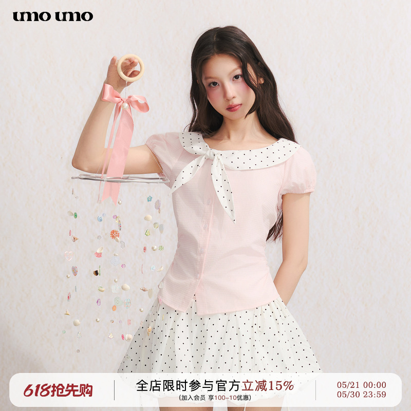 Umoumo Summer Sweet Polka Dot Bow Collar Patchwork Diagonal Placket Slim-Fit Shirt Umoumo Summer Sweet Polka Dot Bow Collar Patchwork Diagonal Placket Slim-Fit Shirt