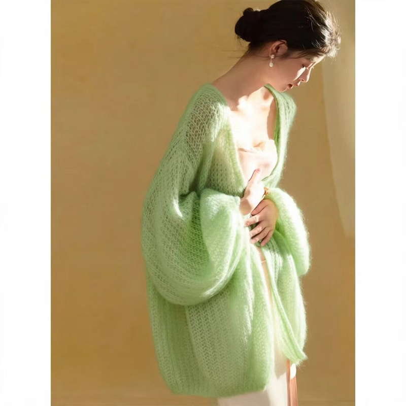 Light Green Mohair Lantern Sleeve Knitted Cardigan Thin Jacket Spring New Style Lazy Loose Slimming Top for Women