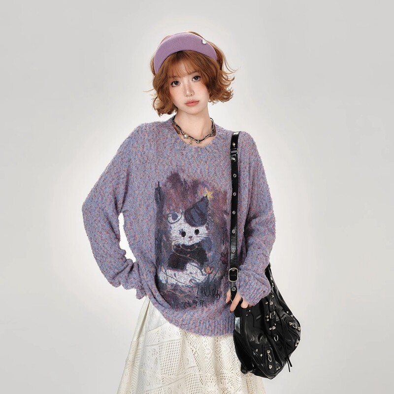 American Retro Printed Pullover Round Neck Knitted Sweater for Women 2026 Autum New Style Lazy Style Loose Slimming Look Top