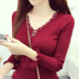 Mùa thu và mùa đông phụ nữ mới đính cườm cổ chữ V bằng gỗ xoắn tay áo len dài tay Áo len ngắn chạm đáy áo thủy triều áo len lông Áo len cổ chữ V