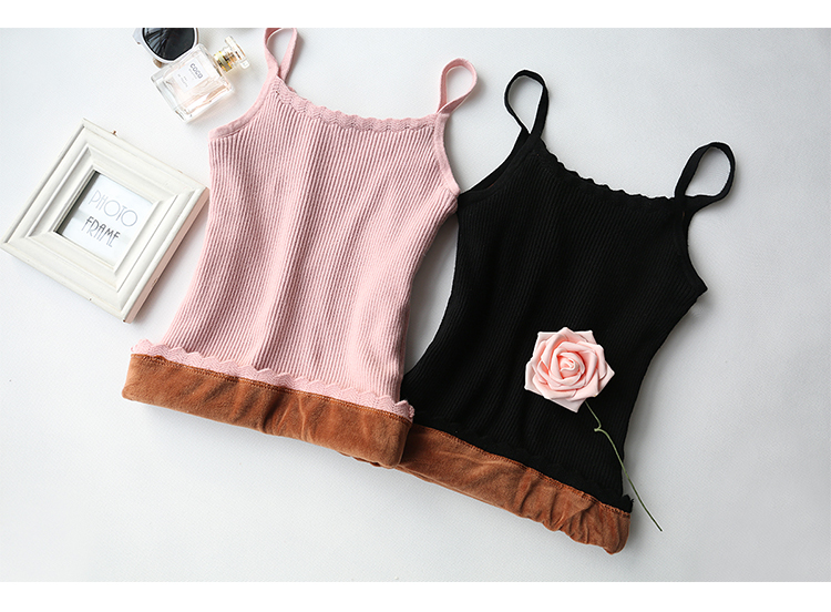 Mùa thu đông mới ren cổ áo cộng với dây đeo nhung đan áo vest nữ Slim dày áo ấm thun thun đáy thủy triều đồ mặc nhà