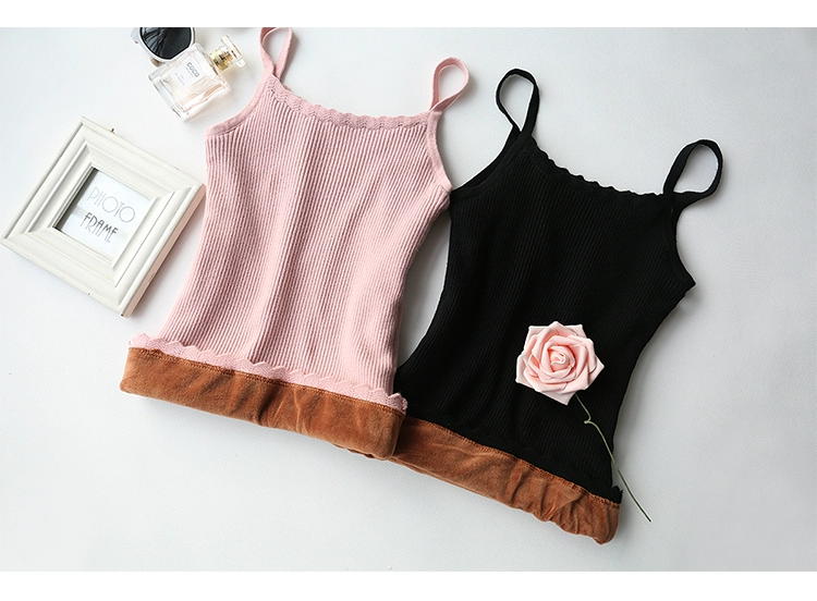 Mùa thu đông mới ren cổ áo cộng với dây đeo nhung đan áo vest nữ Slim dày áo ấm thun thun đáy thủy triều thiết kế thời trang nữ