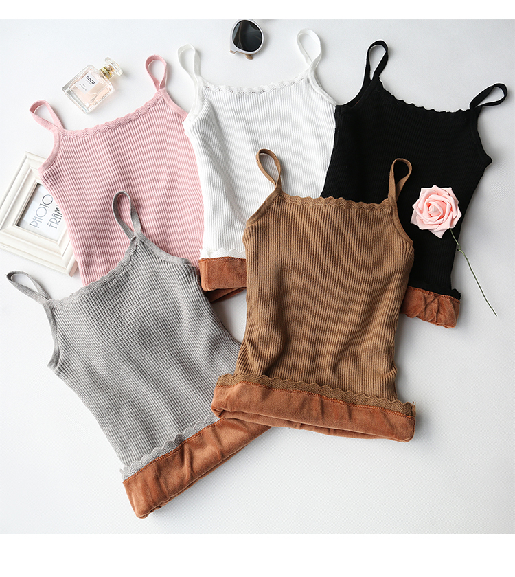 Mùa thu đông mới ren cổ áo cộng với dây đeo nhung đan áo vest nữ Slim dày áo ấm thun thun đáy thủy triều đồ mặc nhà