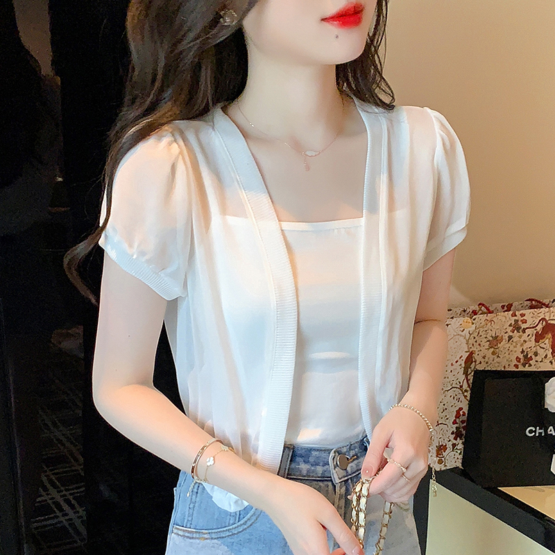 Ice Silk Chiffon Sun Protection Clothing for Women, Summer Thin Shawl, Cardigan with Suspenders, White Waistcoat Jacket