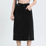 Черная летняя джинсовая юбка, подходит для подростков, средней длины, высокая талия, с акцентом на бедрах