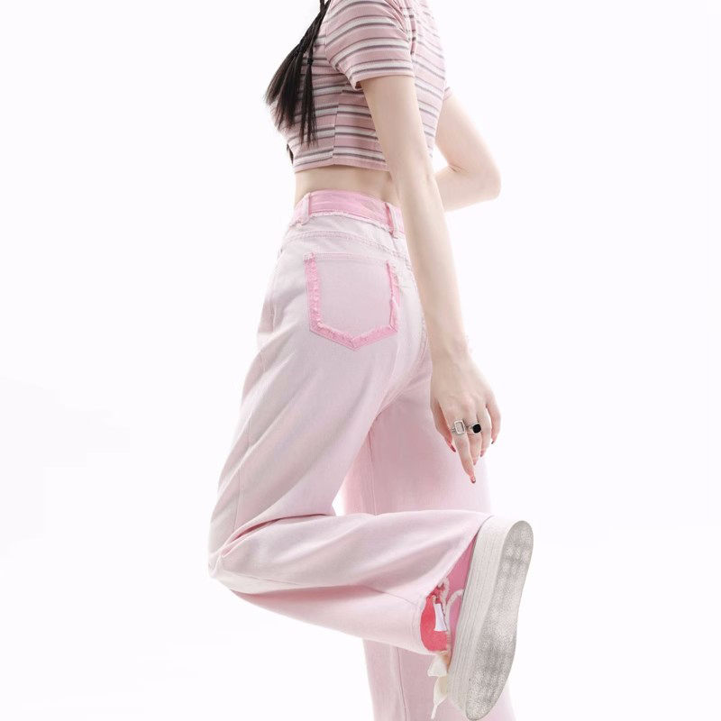 Pink Jeans for Women, Summer Thin Style, 2026 New High-Waisted Slimming Pear-Shaped Body Floor-Length Narrow Wide-Leg Pants