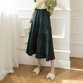 Gold velvet pleated skirt women's spring and autumn new fashion corduroy skirt mid-length high waist a-line swing skirt