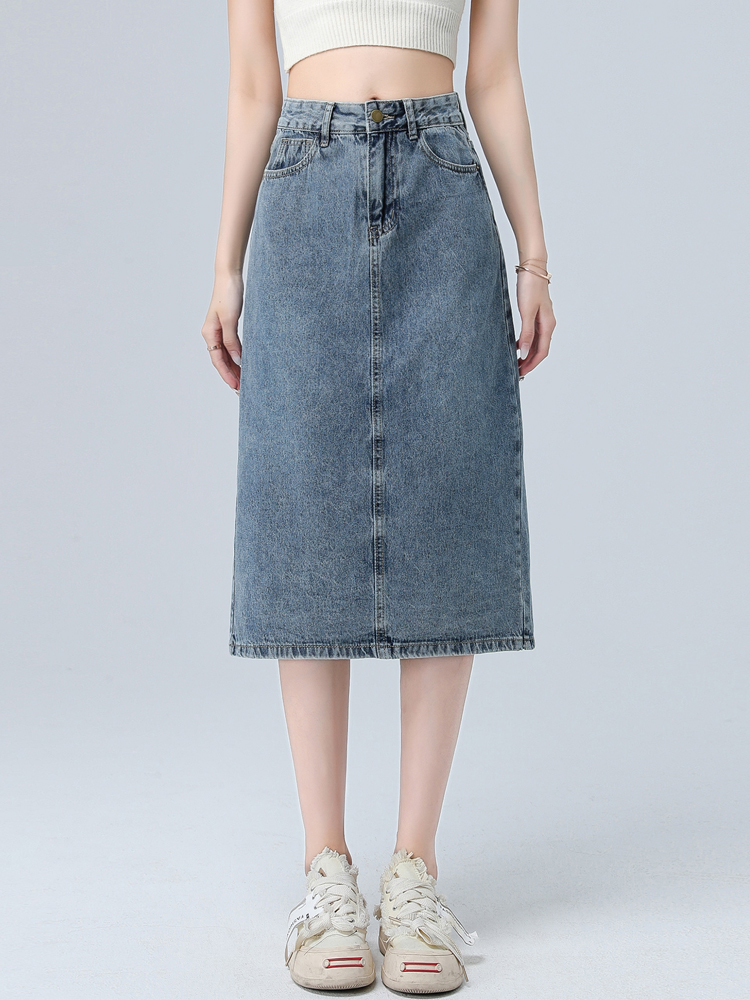 Split back denim skirt for women's small summer outfits paired with a high school long A-line buttocks skirt 145xxs