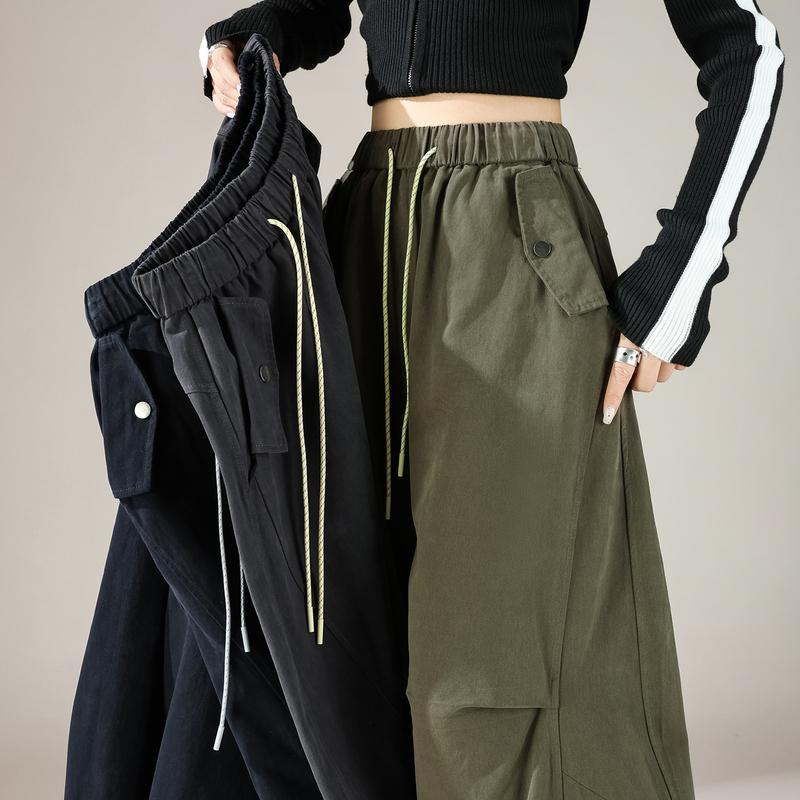 Military Green Washed Cotton Cargo Pants for Women, New Autumn Style, Elastic Waist, Loose Wide-Leg Pants, Versatile Jogger Sweatpants