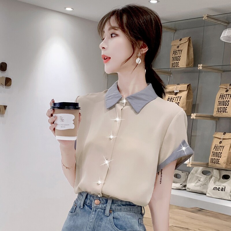 Collage Short Sleeve Snowspinning Shirt Woman Temperament 2022 New Summer Han Edition Loose Foreign Blouse Polo Little Shirts Fairy