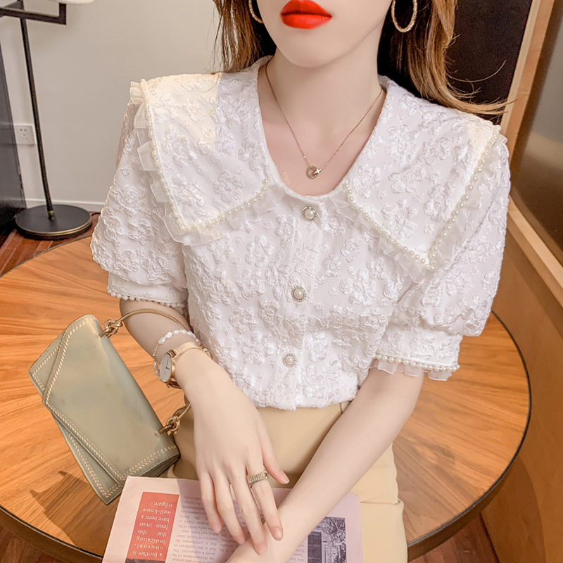 White Heavy Work Doll Collar Shirt Woman Design Sensation Small Crowd Short Sleeve Shirt Do N't Pleated Lace Frock Sleeve Blouse
