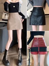 Юбка 黑色小皮裙半身裙女秋冬季新款高腰显瘦pu皮短裙防走光a字包臀裙