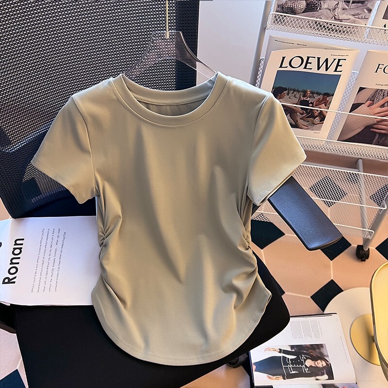 Pure Cotton Short-Sleeved T-Shirt for Women, Summer Style, Unique Design, Pleated Waist-Cinching Top, Irregular Curved Hem T-Shirt