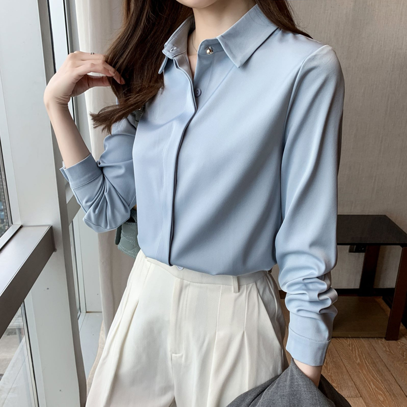 高級サテンシャツレディース長袖春と秋プロフェッショナルフォーマルウェアデザイン絶妙な柔らかく滑らかなしわになりにくい気質トップ