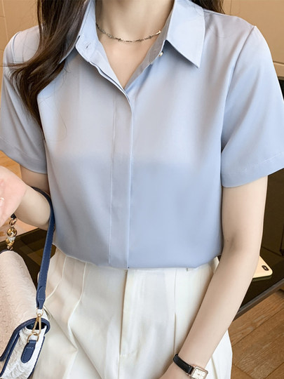 Chiffon shirt women's summer 2026 new style thin and mature professional shirt polo collar short-sleeved right shoulder top