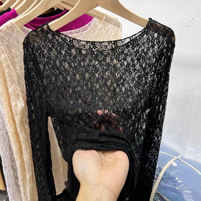 Round neck sexy see-through crochet lace shirt women's long sleeve 2024 summer new sexy slim inner mesh bottoming shirt