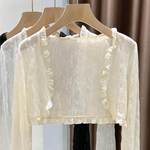 Lace sun protection cardigan ແມ່ຍິງ suspender skirt blouse summer ສັ້ນ shawl ແຫ່ງຊາດ mesh ເປືອກຫຸ້ມນອກບາງໆ