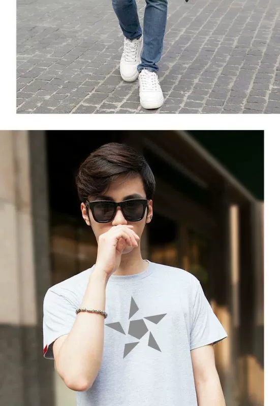 Jane bailun xoay phản quang ngôi sao năm cánh cotton nam cổ tròn tay áo ngắn Áo thun cotton mùa thu nam áo polo nam