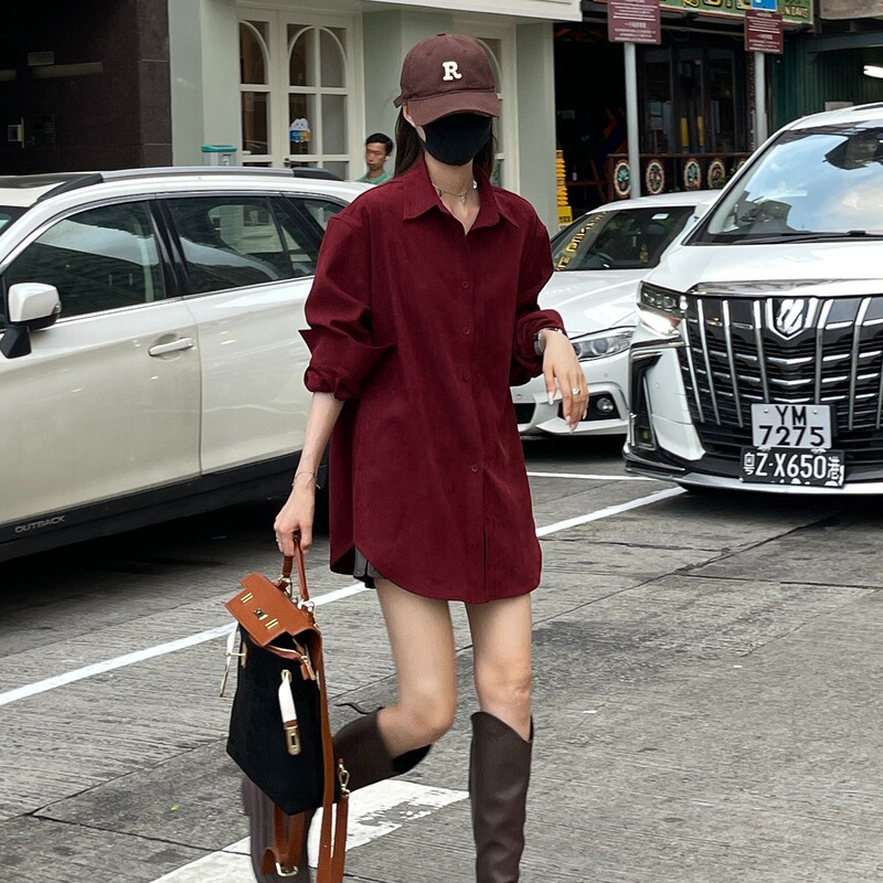 Zodiac Year Burgundy Shirt Jacket for Women 2026 Spring, Autumn and Winter New Style Long-Sleeved Corduroy High-End Lazy Style Top