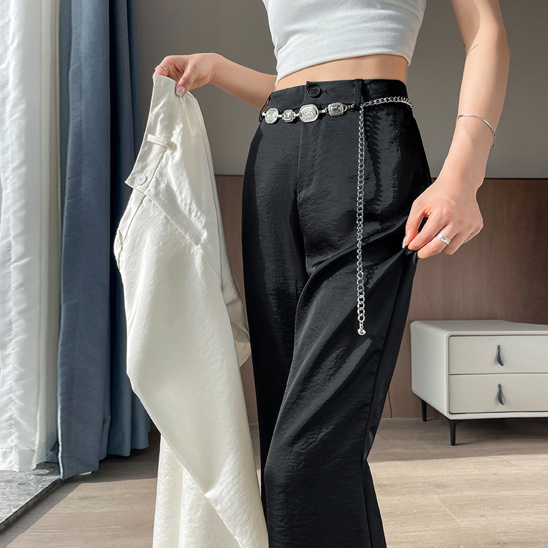 Ice Silk Thin Acetate Satin Pants for Women, Summer Flared Pants with Chain Drape, Suit Pants, Air-Conditioning Sun Protection Casual Pants