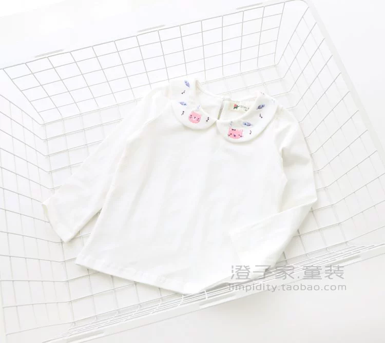 Áo cotton bé gái thêu đáy mùa thu 2018 trẻ em cotton bé ve áo dài tay áo thun