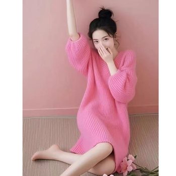 2025 v-neck candy color mid-length sweater autumn and winter new fashion age-reducing and stylish versatile thickened sweater for women