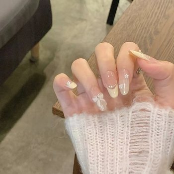 气质珍珠蝴蝶结元气款美甲纯手工穿戴甲甲片成品法式高级温柔甜心