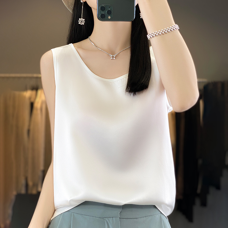 Summer Mulberry Silk Round-Neck Silk Camisole for Women, Ice Silk White Suit, Acetate Base Satin