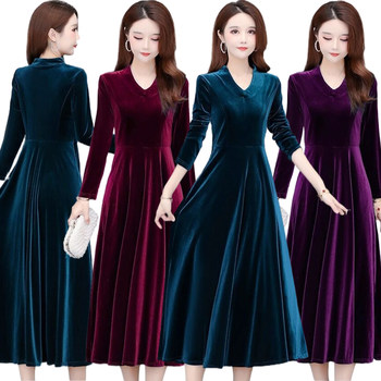 Gold velvet long skirt waist slimming dress bottoming skirt