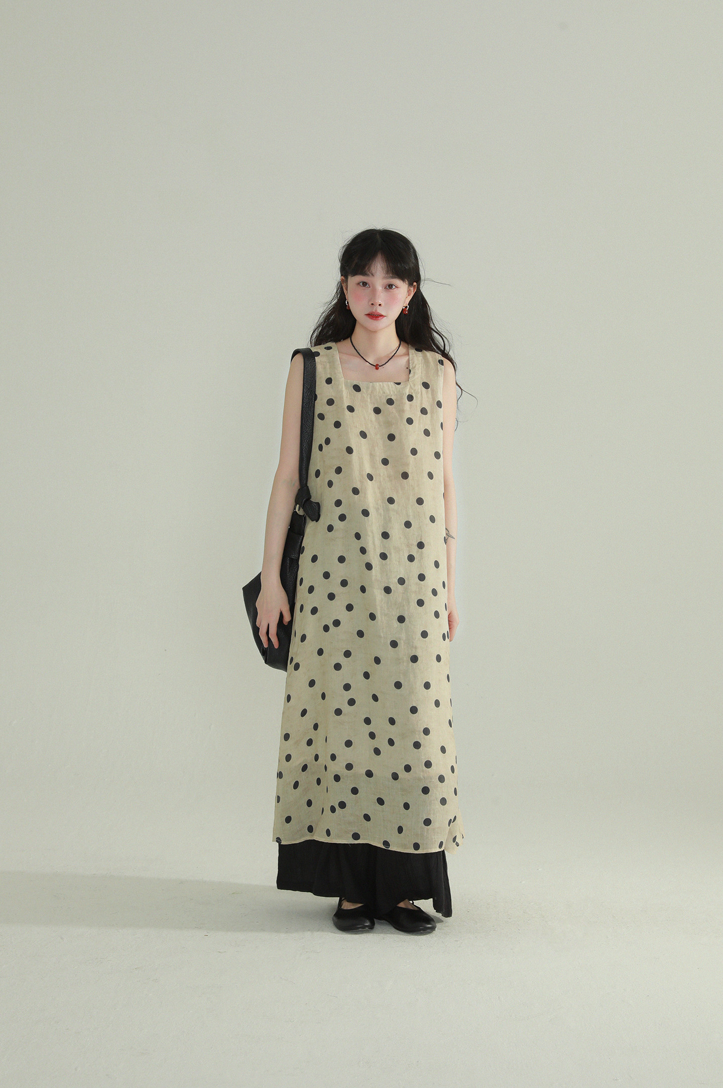 10%OFF】ベージュ ドット柄 ラミー ノースリーブワンピース レトロ