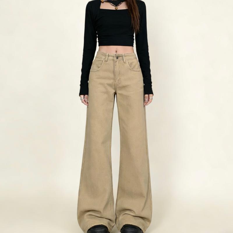Khaki Color Loose-Fitting Flared Jeans for Women, New Autumn and Winter Style, Mid-Low Waist, Straight-Leg, Floor-Length Pants